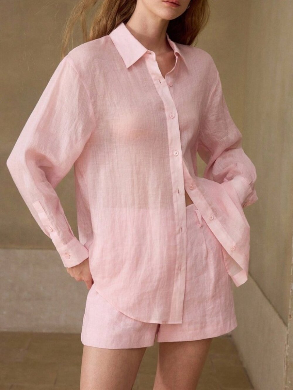 Blush Pink Ramie Button-Down Shirt